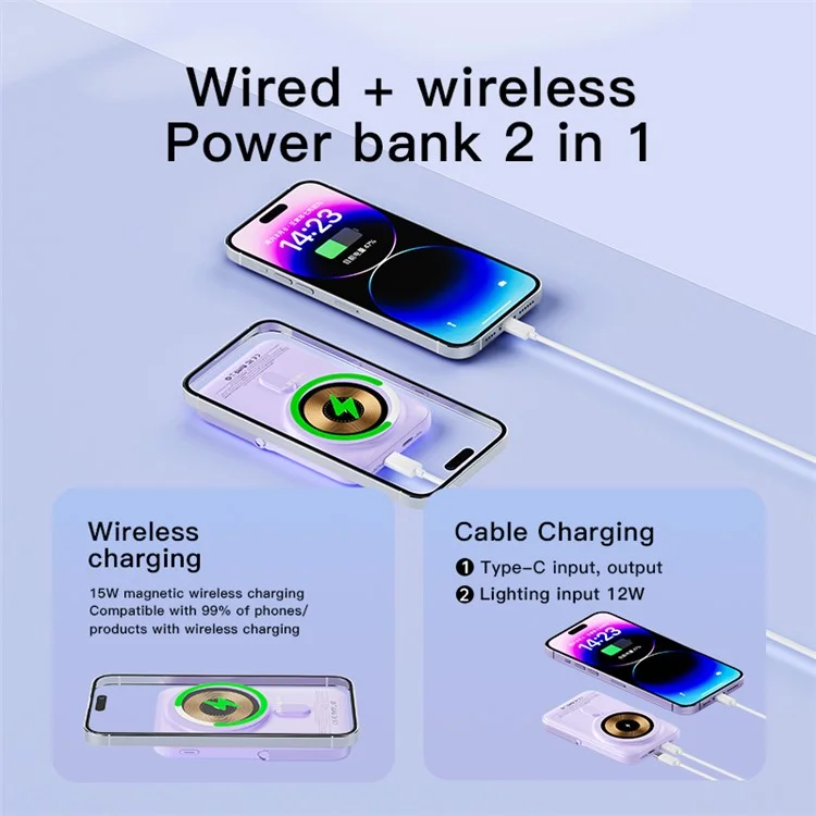 Q15 Kabelloser tragbarer Ladegerät 10000mAh Magnetisches Powerbank 20W Schnelles Laden Batterie Pack mit Faltbarem Ständer - Lila