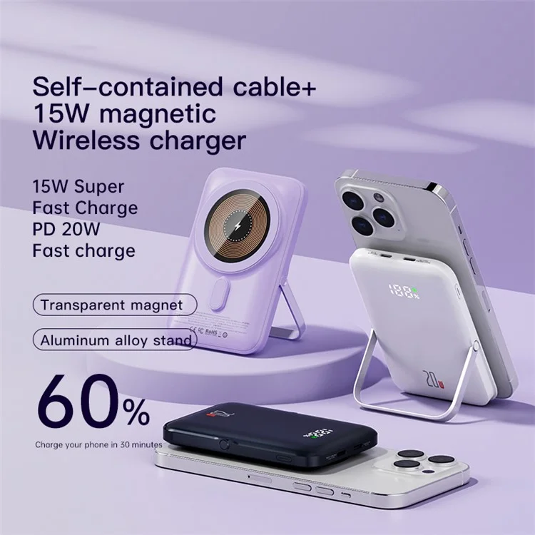 Q15 Kabelloser tragbarer Ladegerät 10000mAh Magnetisches Powerbank 20W Schnelles Laden Batterie Pack mit Faltbarem Ständer - Lila
