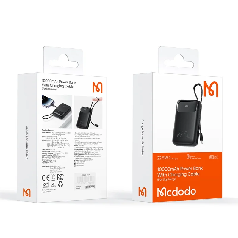 MCDODO MC-325 PD 22.5W Power Bank with iP Cable, 10000mAh Phone Battery Pack Portable Charger - Black