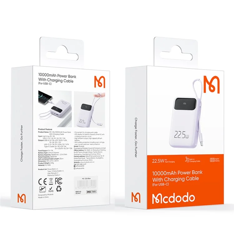 MCDODO MC-324 PD 22,5 W 10 000 mAh Power Bank avec câble USB-C, batterie externe portable chargeur de téléphone - Violet