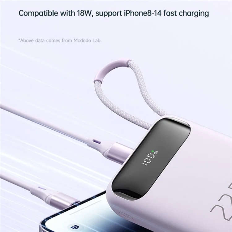 MCDODO MC-324 PD 22,5 W 10 000 mAh Power Bank avec câble USB-C, batterie externe portable chargeur de téléphone - Violet
