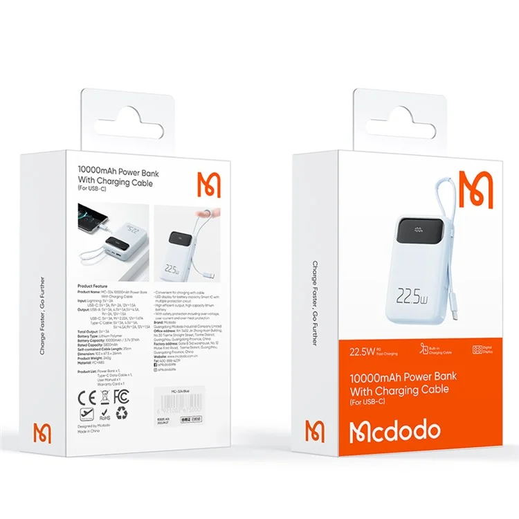 MCDODO MC-324 PD 22.5W 10000mAh Power Bank with USB-C Cable, External Battery Pack Portable Phone Charger - Blue