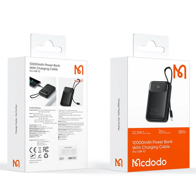 MCDODO MC-324 PD 22.5W 10000mAh Power Bank with USB-C Cable, External Battery Pack Portable Phone Charger - Black