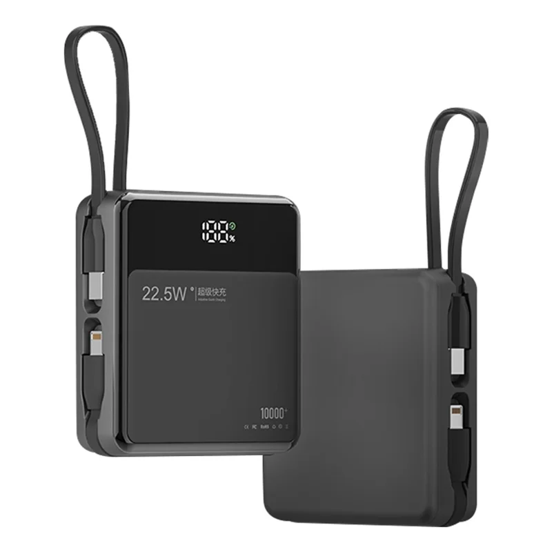 E51 Portable Power Bank 10000mAh 22.5W Fast Charging Battery Charger Built-in iP+Type-C Cables - Black