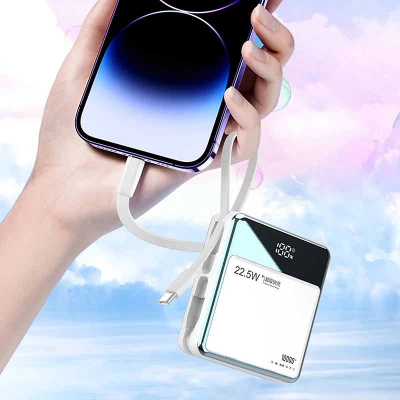 E51 Portable Power Bank 10000mAh 22.5W Fast Charging Battery Charger Built-in iP+Type-C Cables - Black