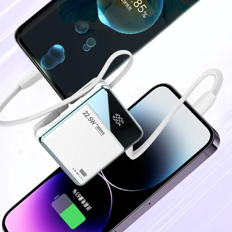 E51 Portable Power Bank 10000mAh 22.5W Fast Charging Battery Charger Built-in iP+Type-C Cables - Black