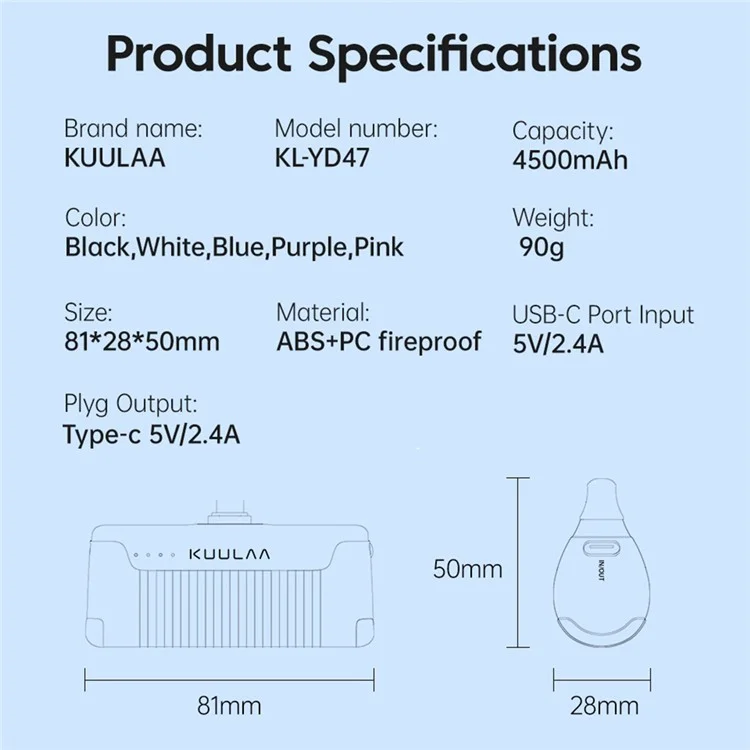 KUULAA KL-YD47 Капсульный портативный зарядное устройство ABS+PC Type-C Power Bank 4500mAh Аварийный телефонный аккумулятор - Фиолетовый