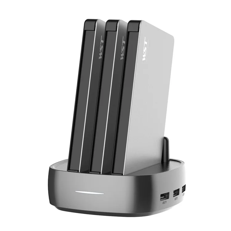 WST WP931 Charging Station Multi Interface Power Supply Kit 3 Built-in Cable Power Banks with 1 Charging Base - US Plug / Silver