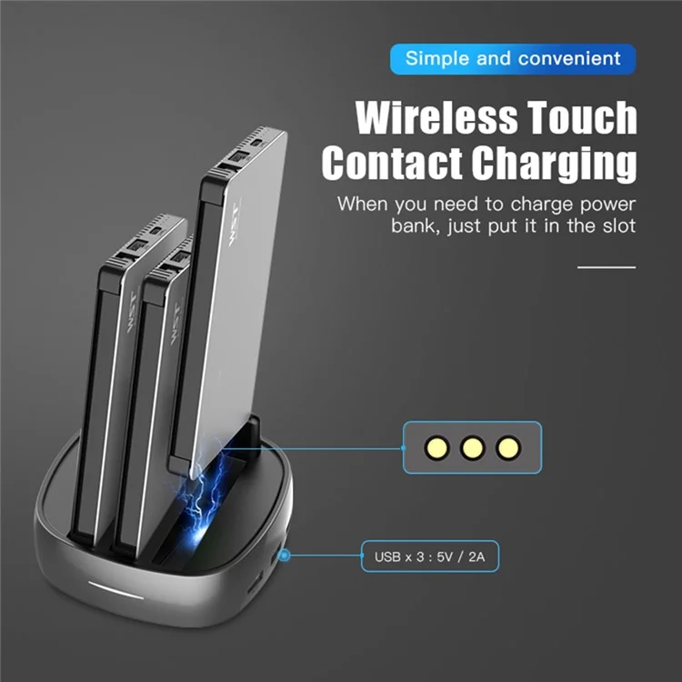 WST WP931 Charging Station Multi Interface Power Supply Kit 3 Built-in Cable Power Banks with 1 Charging Base - US Plug / Black
