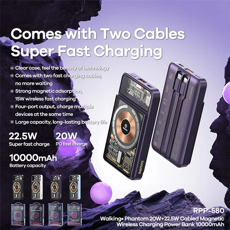 REMAX RPP-580 Walking Phantom 20W + 22,5W Câble Chargeur Magnétique Sans Fil Batterie Externe 10000mAh - Noir