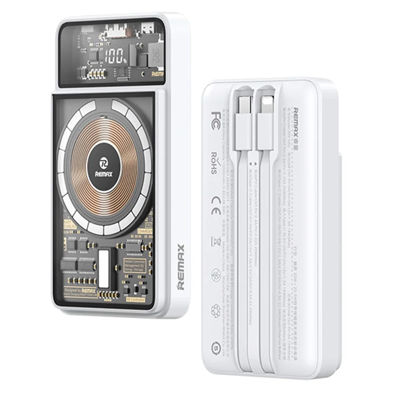 REMAX RPP-580 Walking Phantom 20W + 22.5W Cabled Magnetic Wireless Charger Power Bank 10000mAh External Battery Pack - White