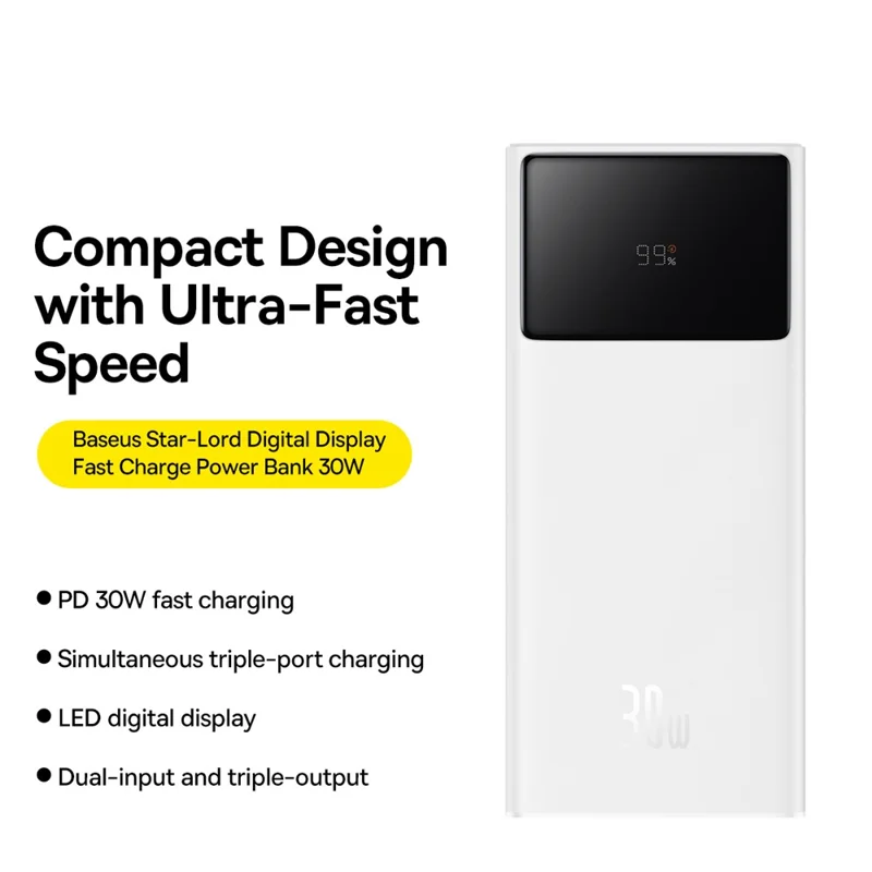 BASEUS Star-Lord Digital Display Fast Charging Power Bank 30000mAh 30W Portable Charger External Battery Pack - White