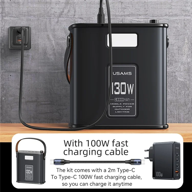 USAMS USAMS-ST CD196 80000mah 130W 2 Type-c + 3 USB-A Power Salant Bank Power Avec PD 100W Type-c to Type-c Câble - Noir