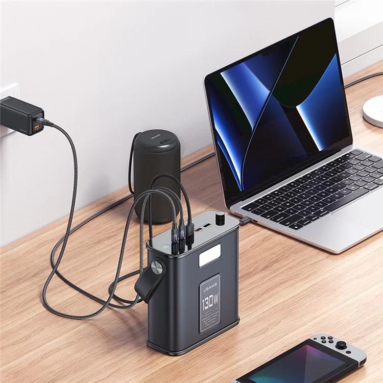 USAMS USAMS-ST CD196 80000mah 130W 2 Tipo-c + 3 USB-A Power Station Light Power Bank Con Cable PD 100W Tipo-c a Type-C - Negro