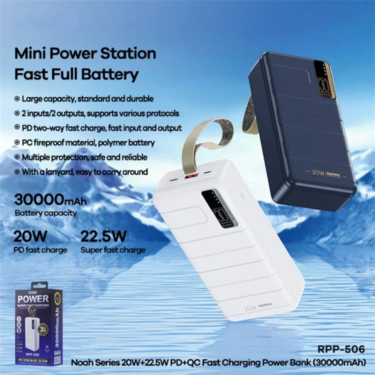 Remax RPP-506 30000mAh Banque D'alimentation 20w + 22,5w pd + qc Chargeur de Téléphone Mobile à Charge Rapide Avec Affichage LED - Bleu