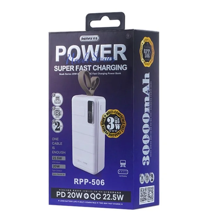 Remax RPP-506 30000mAh Banque D'alimentation 20w + 22,5w pd + qc Chargeur de Téléphone Mobile à Charge Rapide Avec Affichage LED - Bleu