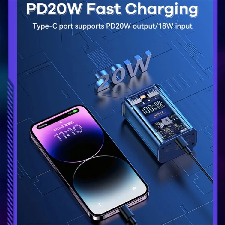 REMAX RPP-570 10000mAh Power Bank PD 20W Fast Charging Portable Charger Transparent Cell Phone External Battery Pack - Grey
