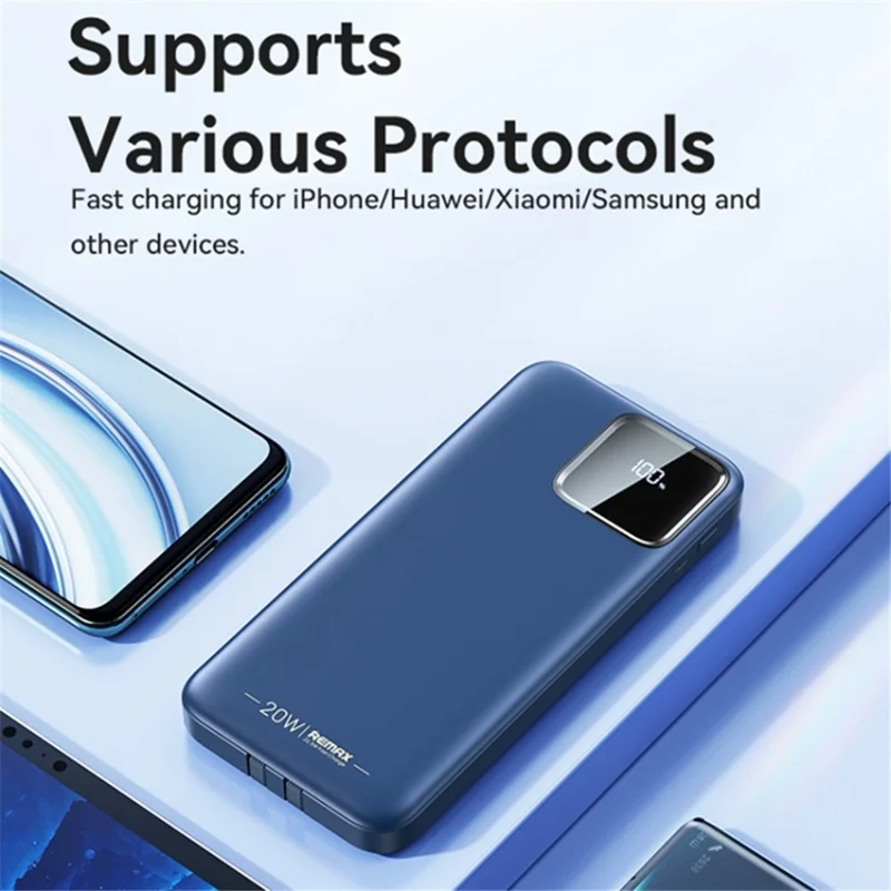 REMAX RPP-500 10000mAh PD 20W Power Bank Phone External Battery Charger with Built-in Type-C / iP Cable - Dark Blue