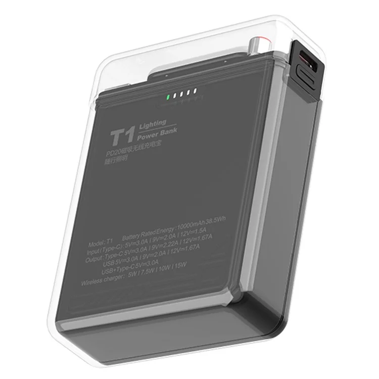 T1 10000mAh Magnetische Wireless-Powerbank Universelles Tragbares Handy-Ladegerät Externe Batterie mit LED-Beleuchtung - Schwarz