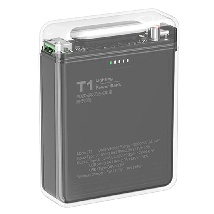 T1 10000mAh Magnetische Wireless-Powerbank Universelles Tragbares Handy-Ladegerät Externe Batterie mit LED-Beleuchtung - Schwarz