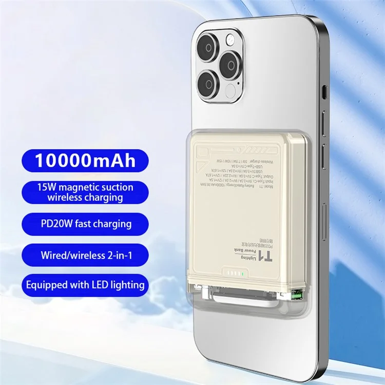 T1 10000mAh Magnetische Wireless-Powerbank Universelles Tragbares Handy-Ladegerät Externe Batterie mit LED-Beleuchtung - Schwarz
