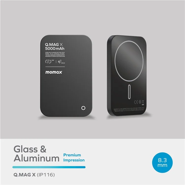 MOMAX q. Mag X Metal Magnetic Wireless Charger 5000mAh Cell Power Bank Compatível Com Magsafe, Black