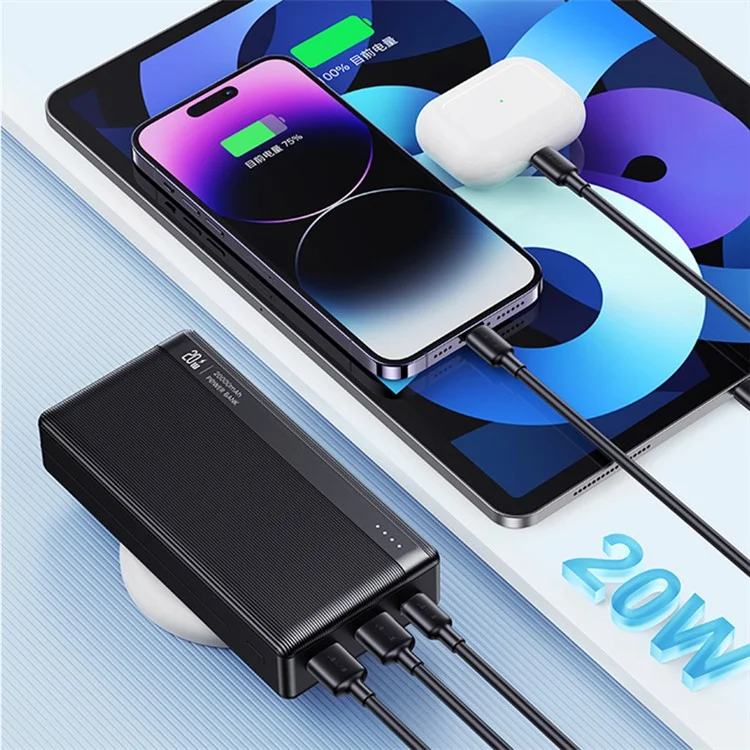 USAMS US-CD204 PB71 PD 20W + QC3.0 20000mAh Fast Charging Power Bank 2 USB + 1 Type-C Phone External Battery - Black