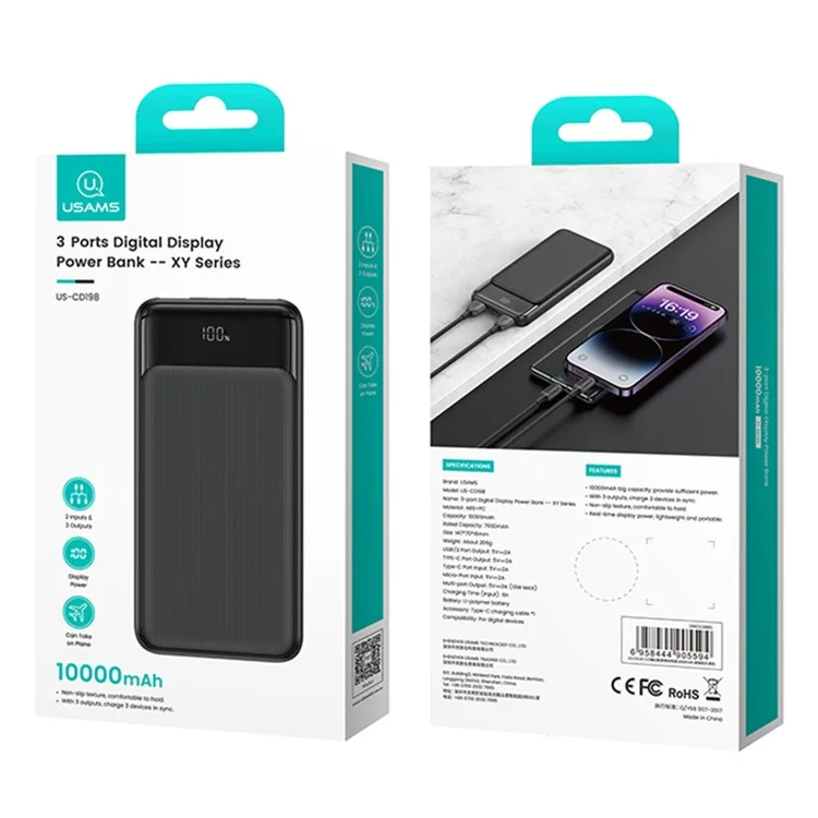 USAMS USAMS US-CD202 XY Serie 30000mah 2 USB + 1 Type-C Power Bank Battery Battery Battery Battery Con Pantalla Digital