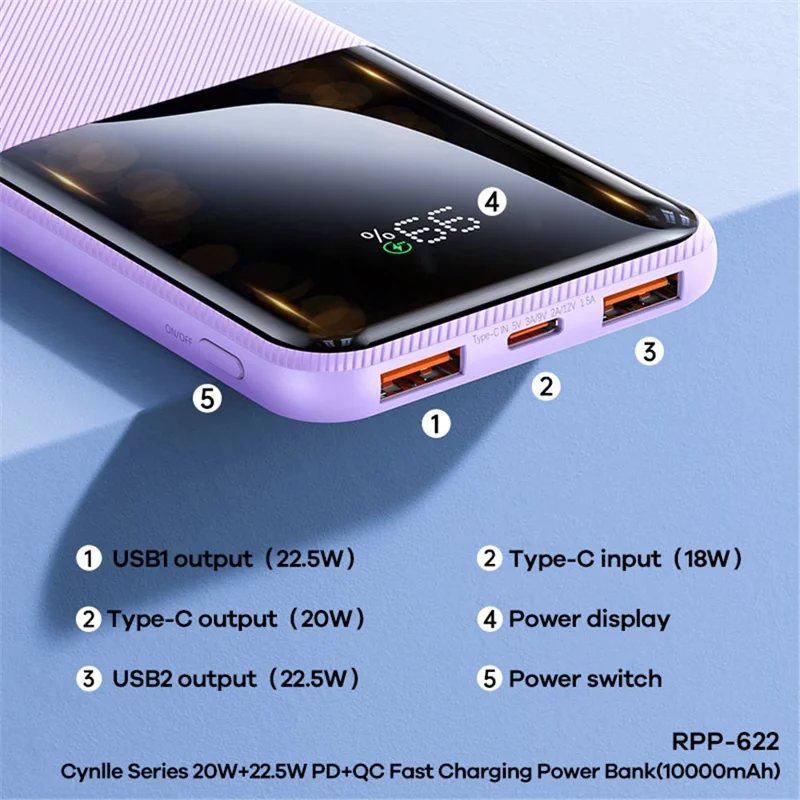 REMAX RPP-622 Power Bank 20W+22.5W PD+QC Fast Charging 10000mAh Battery Pack - Black