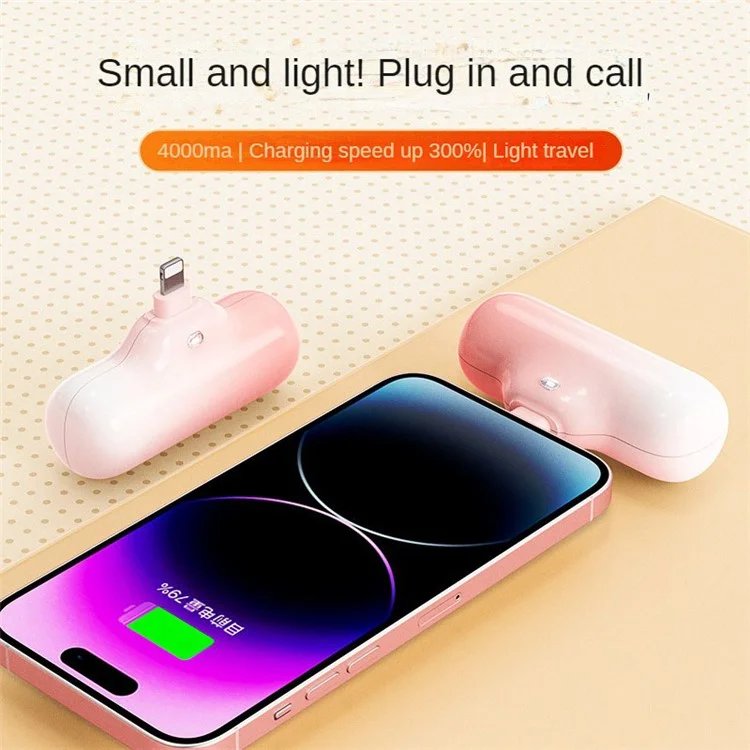 Z9 Mini Portable 4000mAh Phone Power Bank 5V 2.1A Fast Charger Compact Battery Pack for iOS  /  Android - Pink White  /  iP Connector