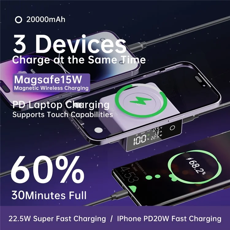 Q7 15W Magnetic Wireless Phone Charger 20000mAh Power Bank Portable External Battery Pack - Purple