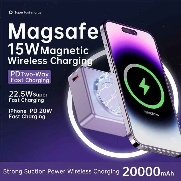 Q7 15W Magnetic Wireless Phone Charger 20000mAh Power Bank Portable External Battery Pack - Purple