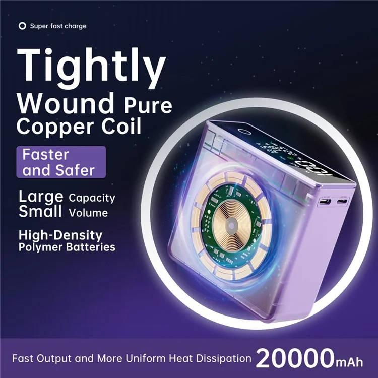 Q7 15W Magnetic Wireless Phone Charger 20000mAh Power Bank Portable External Battery Pack - Purple