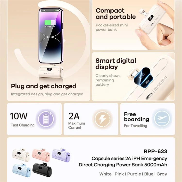 REMAX RPP-633 Капсульная серия 2A iP Порт 5000мАч Портативное зарядное устройство Экстренная прямая зарядка телефона - Фиолетовый 