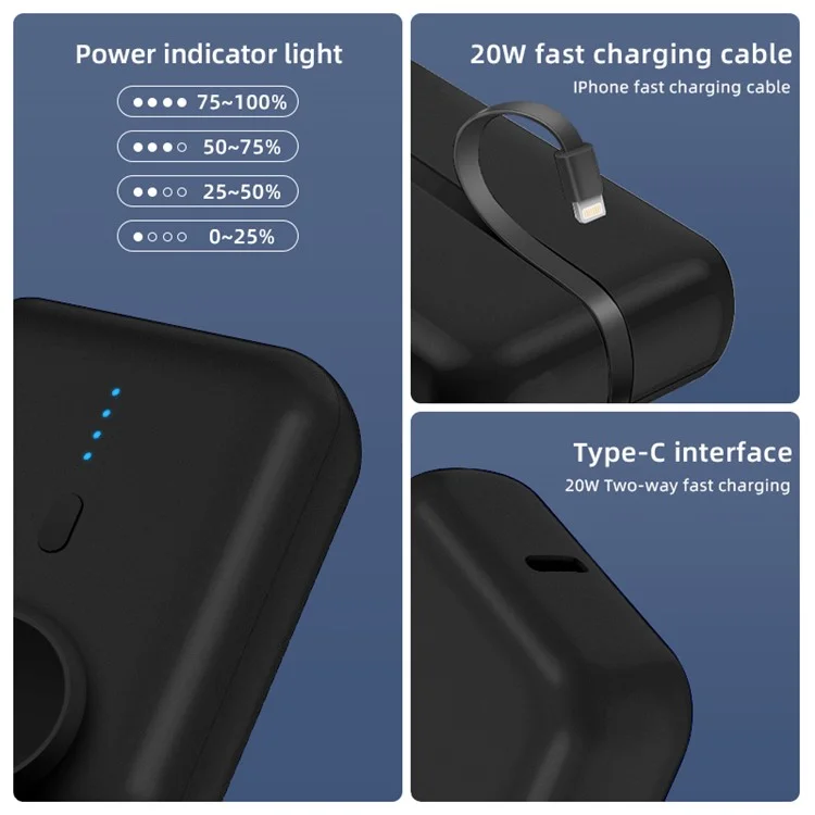 PS-620 Cabled Digital Display Power Bank 10000mAh Portable Mini Phone Charger for Smart Watch - Black