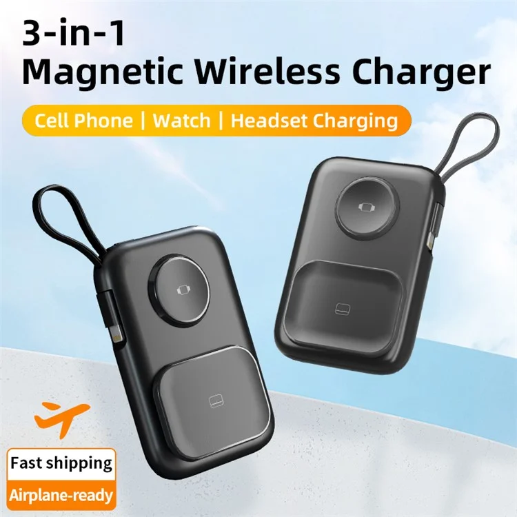 PS-621 3-in-1 5000mAh Kabel-Powerbank für Uhr, Headset, Mobiltelefon - Tragbares Ladegerät - Schwarz