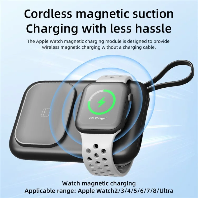 PS-621 3-in-1 5000mAh Kabel-Powerbank für Uhr, Headset, Mobiltelefon - Tragbares Ladegerät - Schwarz
