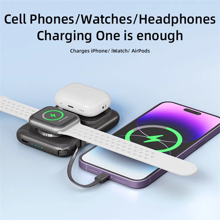 PS-621 3-in-1 5000mAh Kabel-Powerbank für Uhr, Headset, Mobiltelefon - Tragbares Ladegerät - Schwarz
