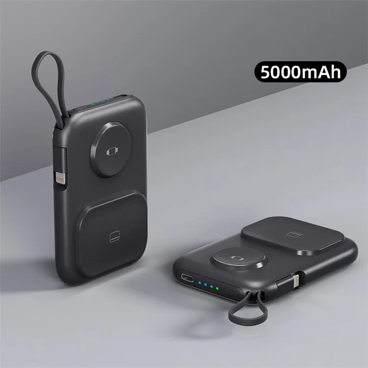 PS-621 3-in-1 5000mAh Kabel-Powerbank für Uhr, Headset, Mobiltelefon - Tragbares Ladegerät - Schwarz