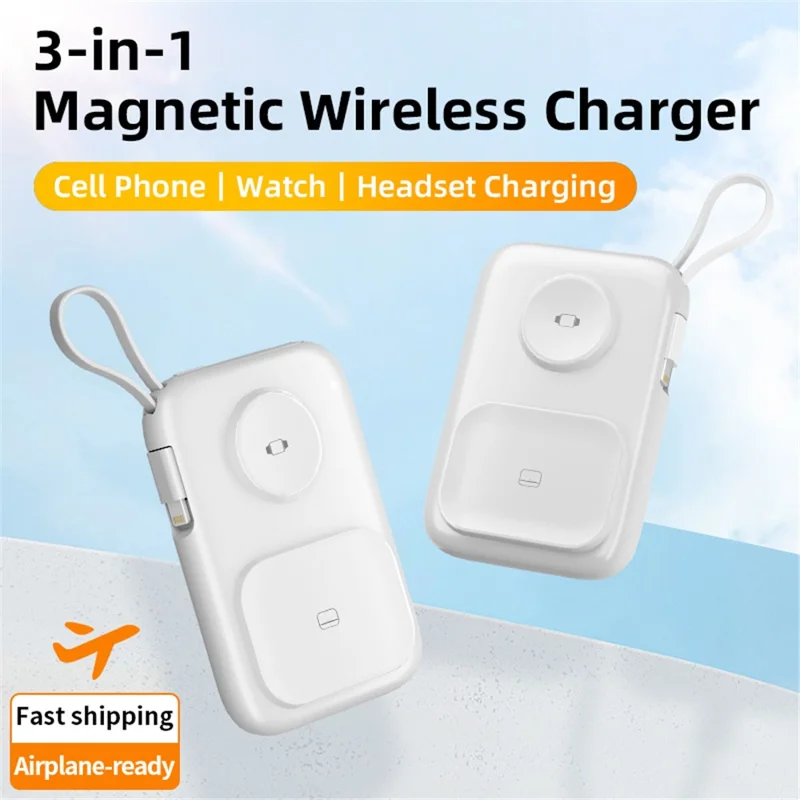 PS-621 3-in-1 5000mAh Cabled Power Bank for Watch Headset Cellphone Portable Charger - White