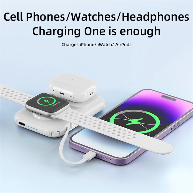 PS-621 3-in-1 5000mAh Cabled Power Bank for Watch Headset Cellphone Portable Charger - White