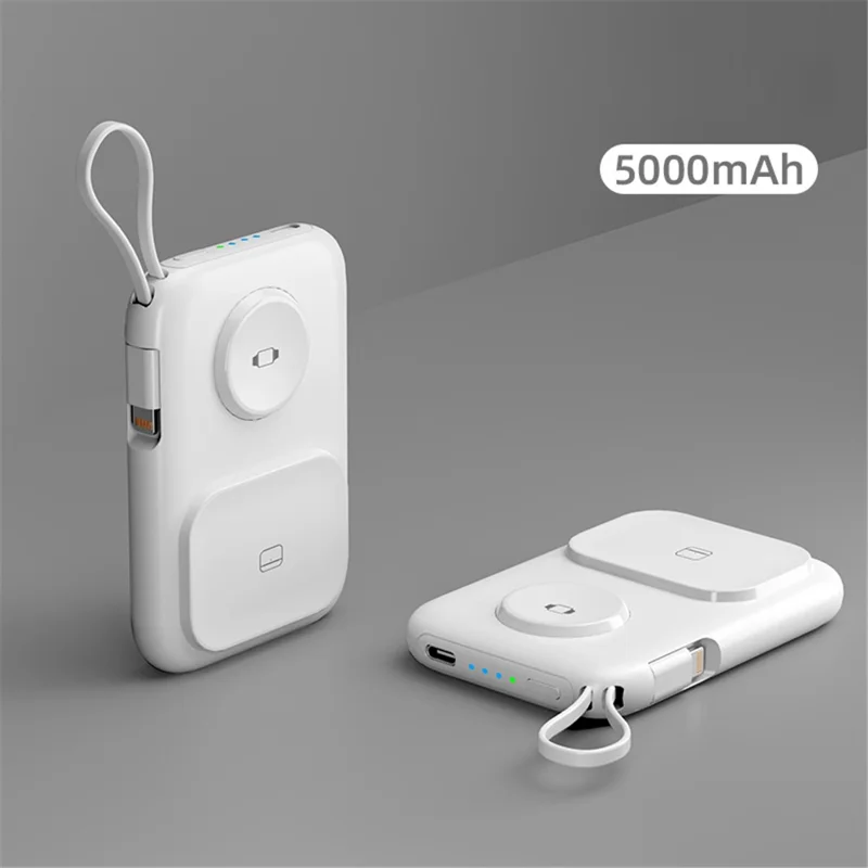 PS-621 3-in-1 5000mAh Cabled Power Bank for Watch Headset Cellphone Portable Charger - White