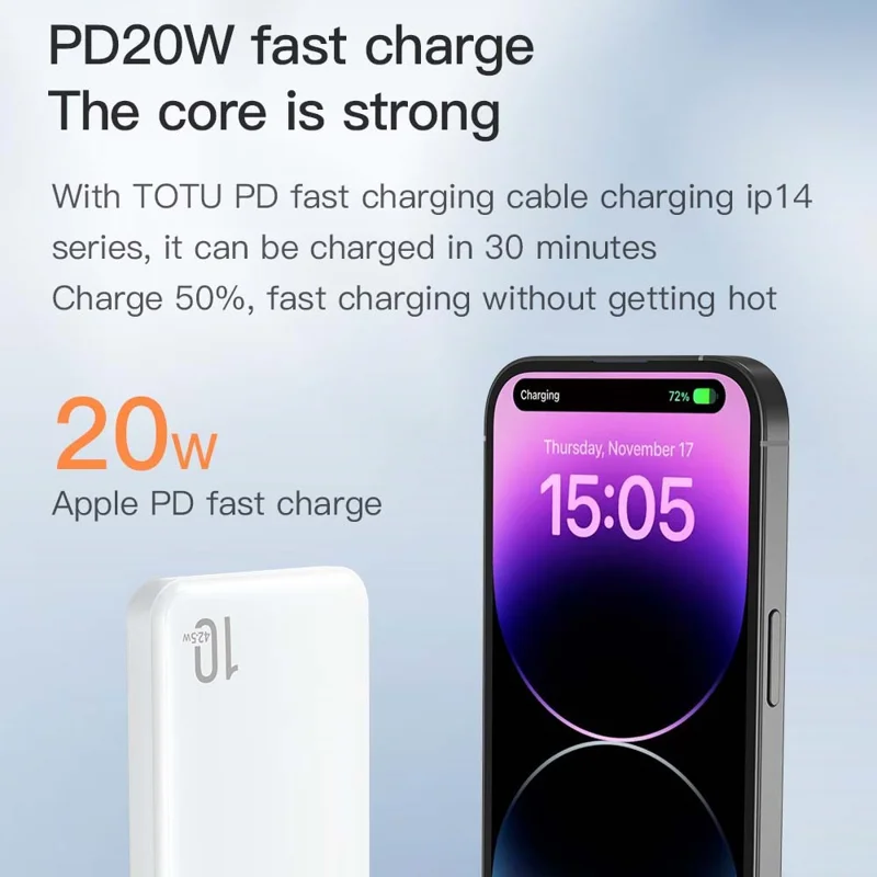 TOTU PB-1 20W PD Fast Charging Power Bank 10000mAh Portable Phone Charger External Battery Pack - Black
