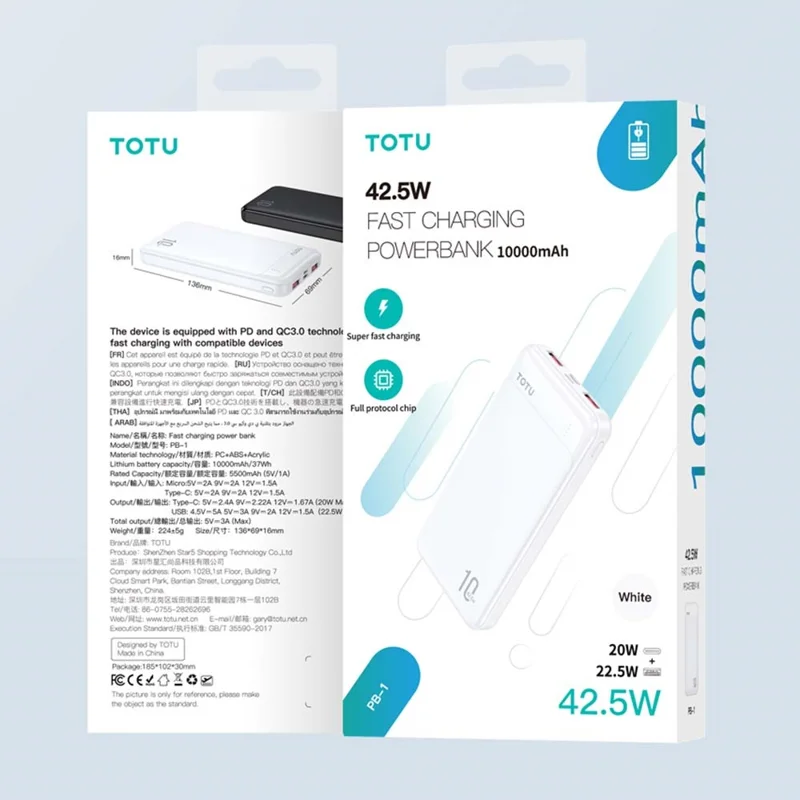 TOTU PB-1 20W PD Fast Charging Power Bank 10000mAh Portable Phone Charger External Battery Pack - Black