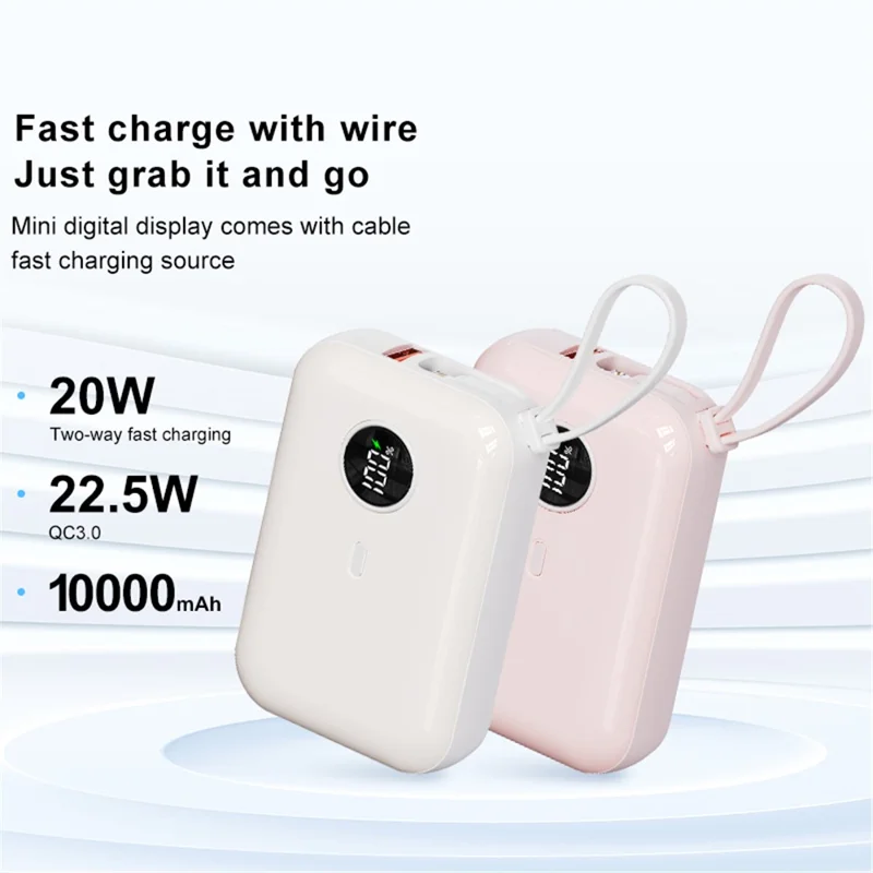 ZUZG 10000mAh Digital Display Power Bank with Type-C + iP Cable Support Fast Charging - Pink