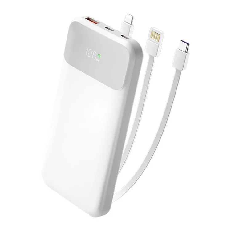 ZUZG ZP-J41 Digital Display Cabled Power Bank Portable Phone Charger 10000mAh External Battery Pack - White
