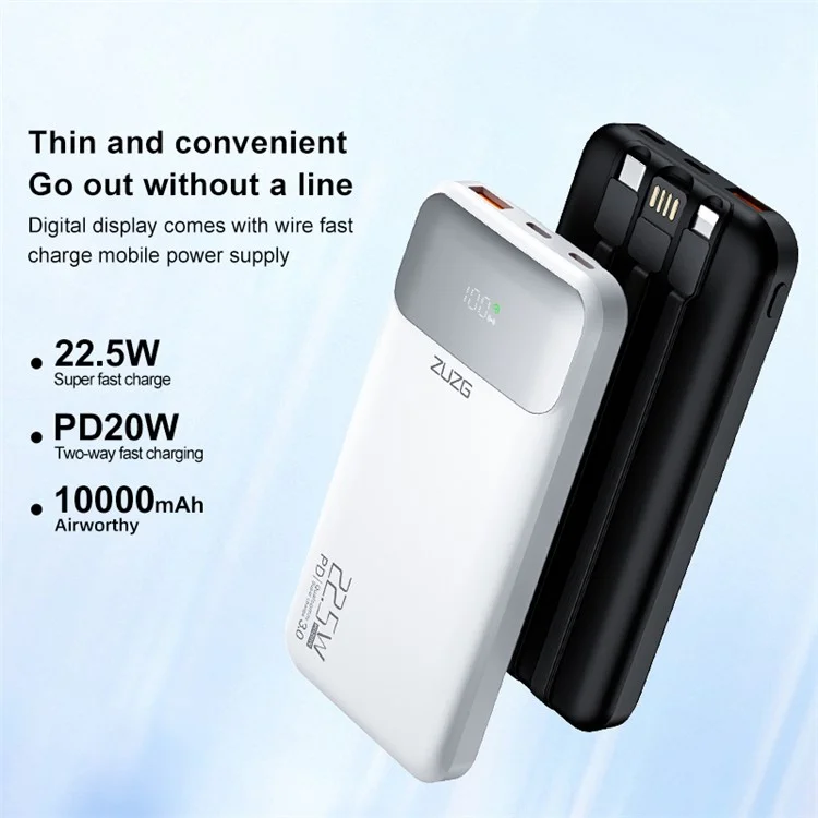 ZUZG ZP-J41 Digital Display Cabled Power Bank Portable Phone Charger 10000mAh External Battery Pack - White