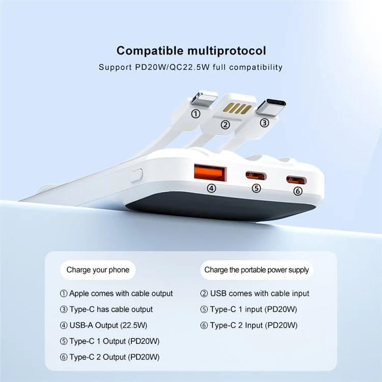 ZUZG ZP-J41 Digital Display Cabled Power Bank Portable Phone Charger 10000mAh External Battery Pack - White