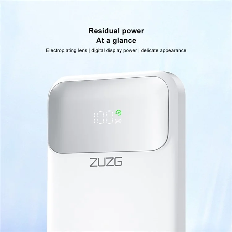ZUZG ZP-J41 Digital Display Cabled Power Bank Portable Phone Charger 10000mAh External Battery Pack - White