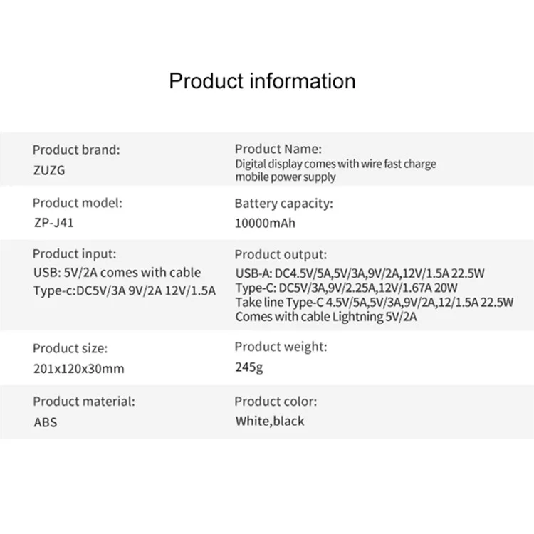 ZUZG ZP-J41 Digital Display Cabled Power Bank Portable Phone Charger 10000mAh External Battery Pack - White